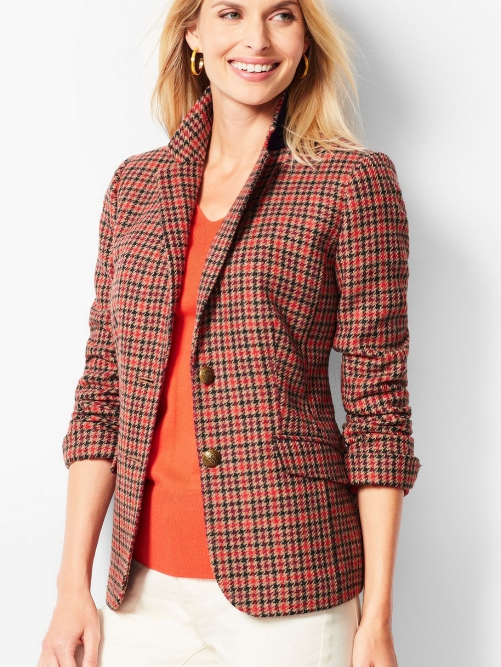 Talbots Shetland Aberdeen Houndstooth Blazer Wool Blend Brass Button Size 12